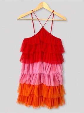 Pants Store Tiered Tulle Ruffle Mini Dress Red Pink Orange Colorblock